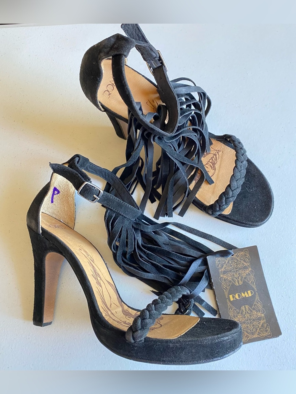 Romp 41 Black Suede Leather Fringe Tassel Ankle Strap Platform Stiletto Heel